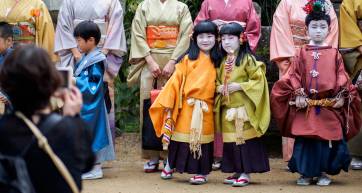 Kyoto, Japan - October 01: Unidentified children in traditional clothing wait for the start of a parade on October 01, 2016 in Kyoto, Japan.